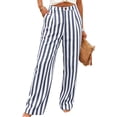 thumbnail image 2 of hlysgo Women's Striped Print Trousers Casual High Waist Fashion Pants Summer Loose Wide Leg Pant with Pockets Navy,L, 2 of 6
