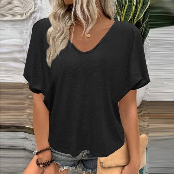 Qodauz Womens Plus Size Dolman Tops Short Sleeve Cropped T-Shirts Y2k V Neck Casual Loose Going Out Basic Tees 2XL