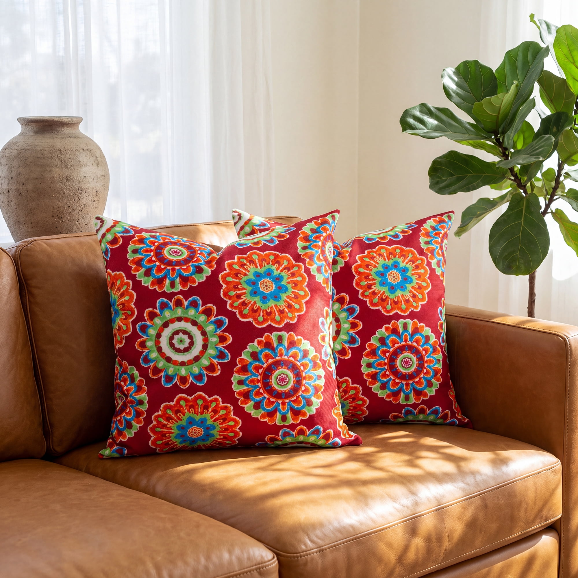 Unique Bargains Set of 2 Botanical Floral Printed Throw Pillow Covers Red 18"x18"