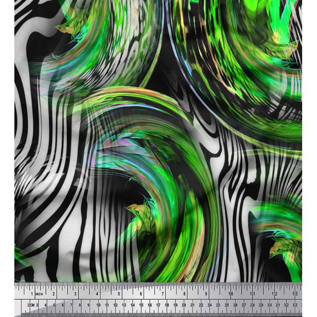 Soimoi Green Polyester Crepe Fabric Stripe & Leopard Animal Skin Printed Fabric 1 Yard 52 Inch Wide