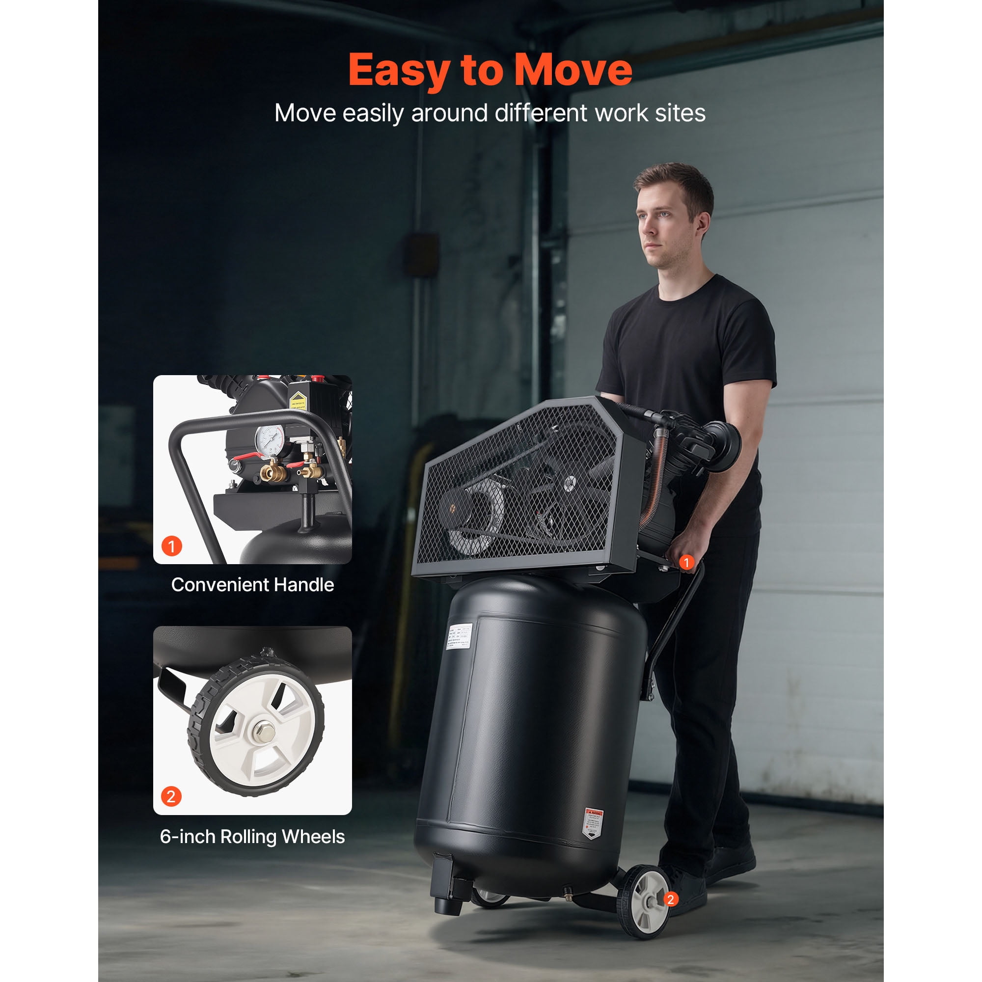 KFFKFF 20-Gallon Air Compressor, 2HP, 6.5SCFM at 90PSI, Max 135PSI Oil-Lubricated Tank, Portable Design with Wheels for Auto Repair, Tire Inflation, Painting, and Woodworking, 120V