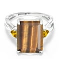 thumbnail image 2 of Gem Stone King 10K White Gold Brown Tiger Eye and Yellow Citrine 3 Stone Engagement Ring for Women (6.92 Cttw, Emerald Cut 14X10MM, Trillion 4MM, Size 6), 2 of 5
