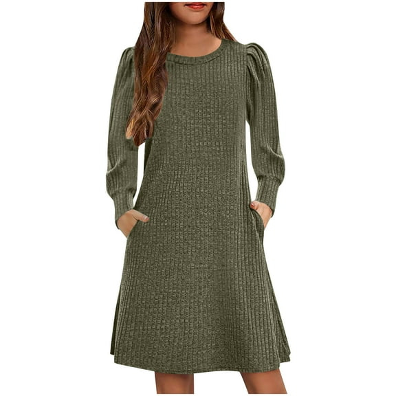 Fancifize Girl Dress Long Sleeve Ruffle Casual Dresses with Pockets Teen Girls Fall Crewneck Flowy A-line Summer Dress 4-14 Years