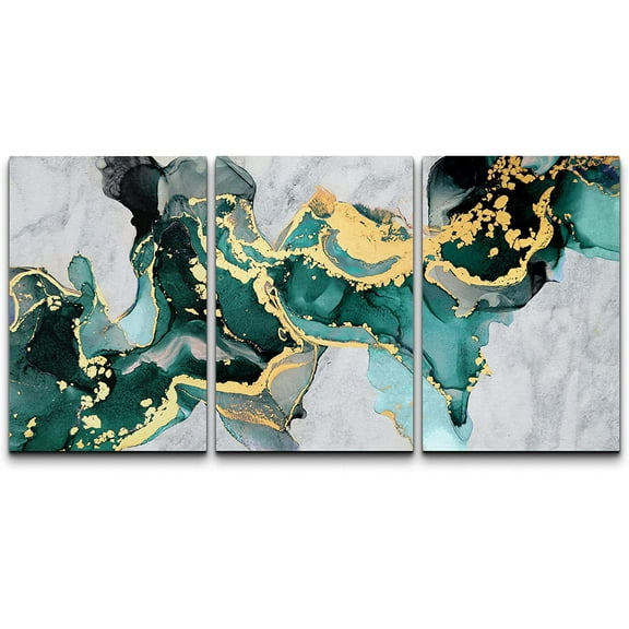 wall26 Canvas Print Wall Art Set Geometric Gold Teal Smoke Wave Landscape Abstract Shapes Illustrations Modern Art Decorative Boho Colorful for Living Room, Bedroom, Office - 24"x36"x3 Pane