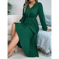 thumbnail image 3 of Women Fall Long Sleeve Dress Casual V Neck Pleated A Line Dark Green L, 3 of 5