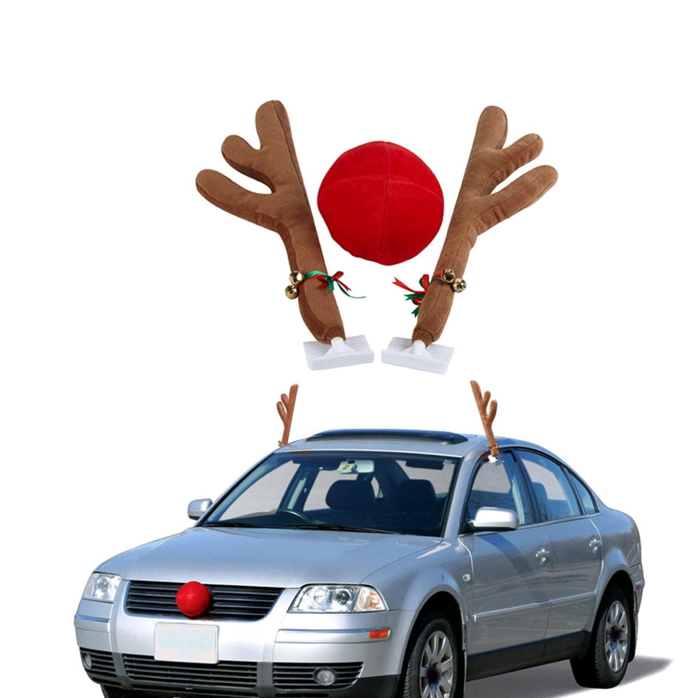 Christmas Car Decoration Set Christmas Antlers Red Nose Set for Car Ornament Vehicle Nose Horn Costume Set Christmas Antlers with Plush Reindeer Nose Ornaments for Car Light Green