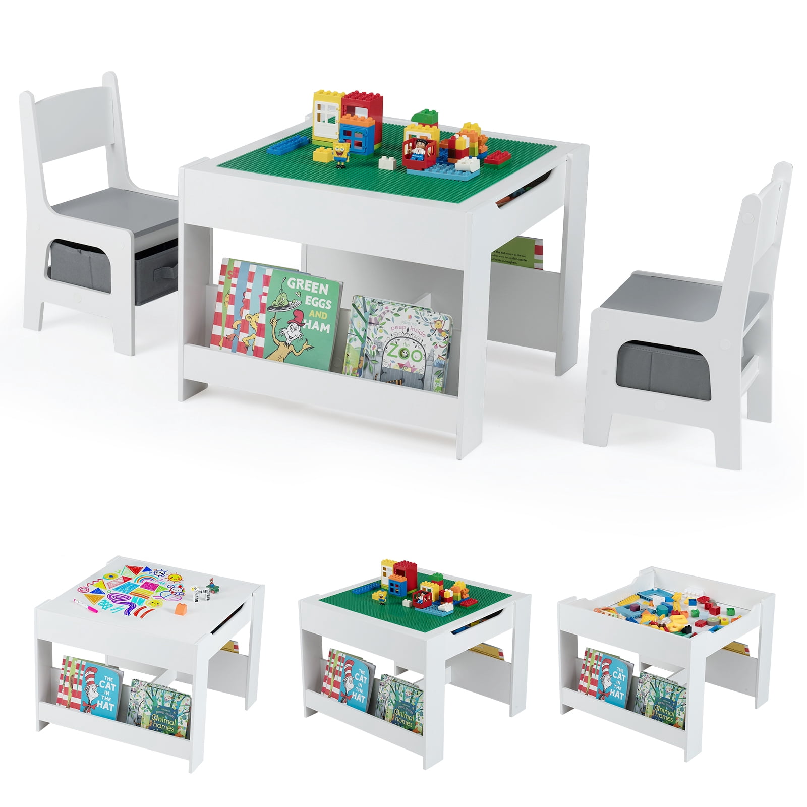 Gymax 4 in 1 Kids Table & Chair Set w/Reversible Graffiti & Building ...