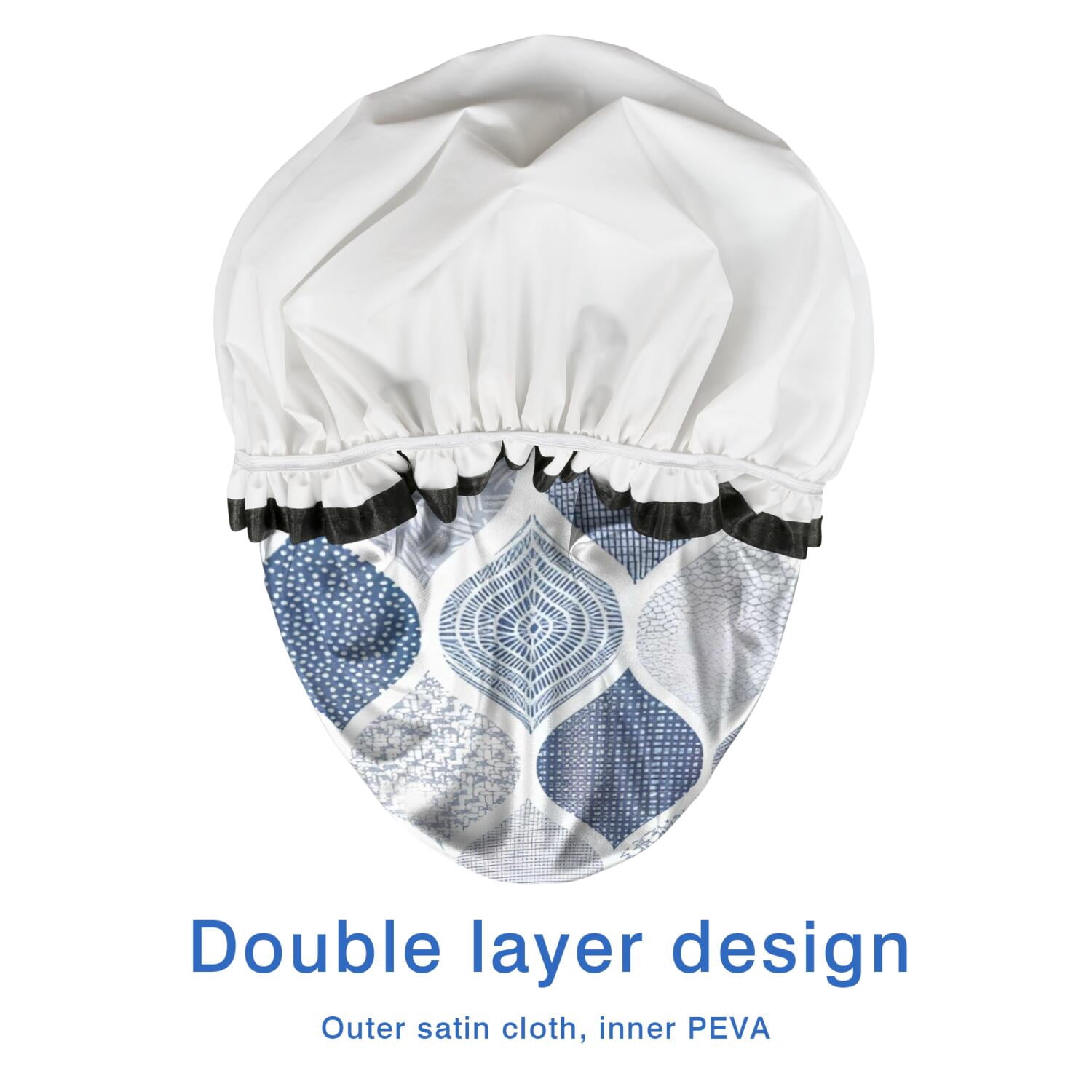 Shower Caps,Blue and White Geometric Quatrefoil Pattern Waterproof Shower Cap for Women 4 Pieces,Double Reusable Hair Cover for Shower PEVA Elastic Stretch Hem