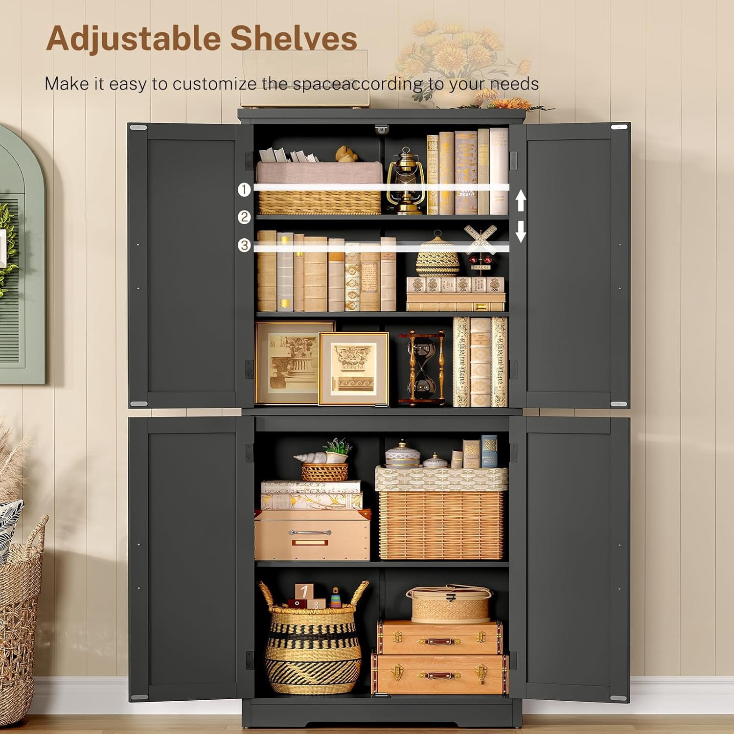 58" H Storage Cabinet with Adjustable Shelf, Farmhouse Kitchen Pantry Cabinet, Bathroom Cabinet with 4 Doors, Cupboard for Kitchen, Bathroom, Living Room