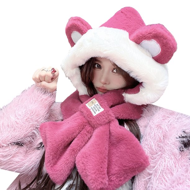Clinaoy - Gorro de invierno con orejas de oso para mujer, adorable, súper suave, grueso, resistente al frío, de felpa, con protector facial