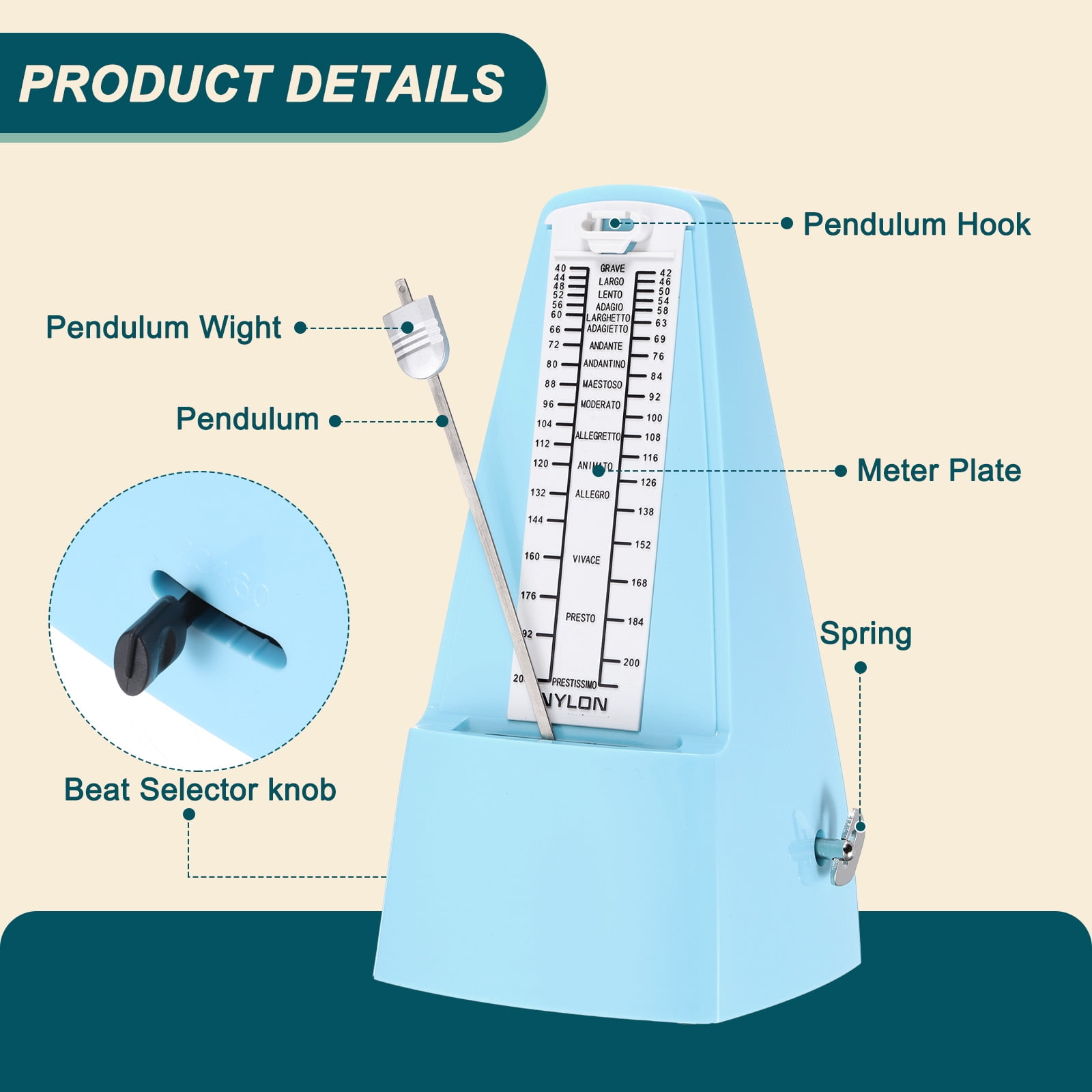 Uxcell Mechanical Metronome High Accuracy Musical Timer Universal Metronome for Piano Guitar Violin Ukulele Player Lake Blue