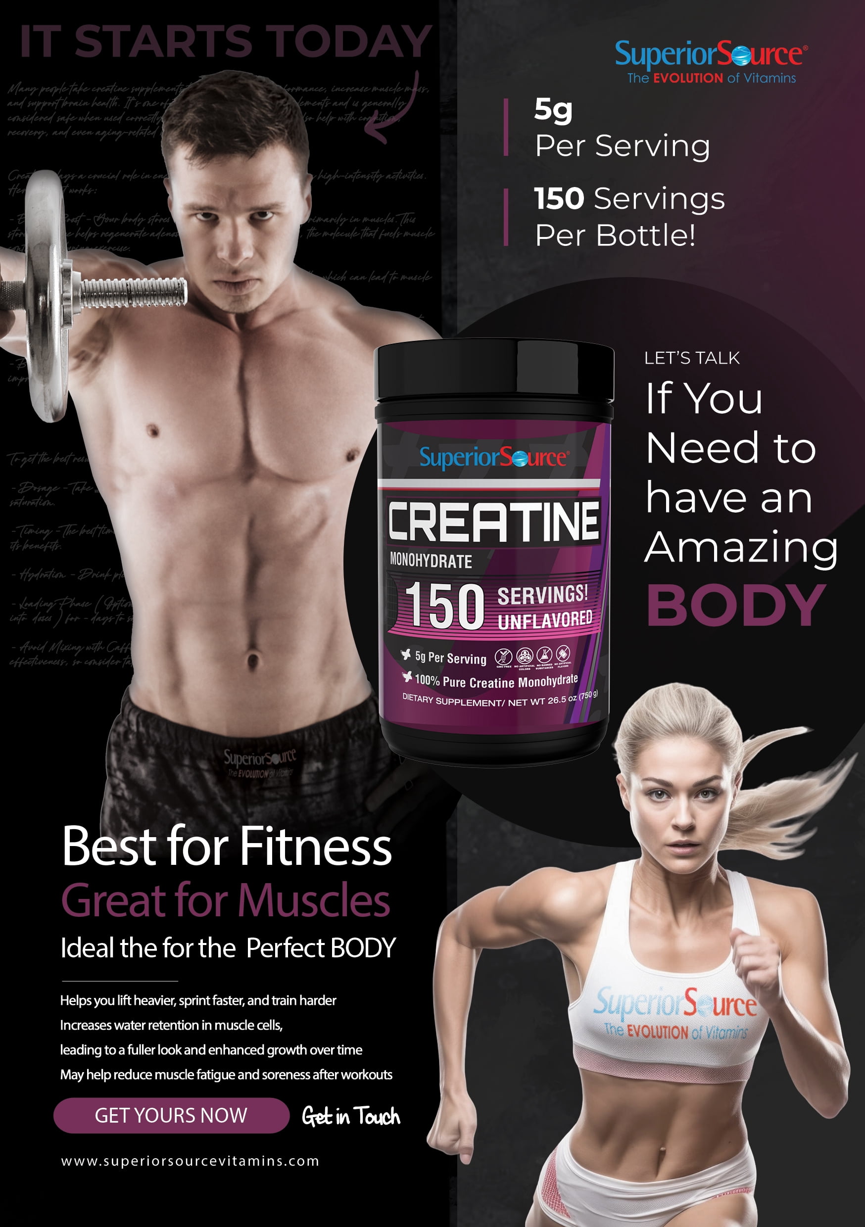 Superior Source Creatine Monohydrate, 750G, 5000mg Per Serv (5g) - 150 Servings, 26.5 oz, Muscle Growth, Enhanced Strength, Supports Post-Workout Recovery, Ideal for High-Intensity Training, Non-GMO