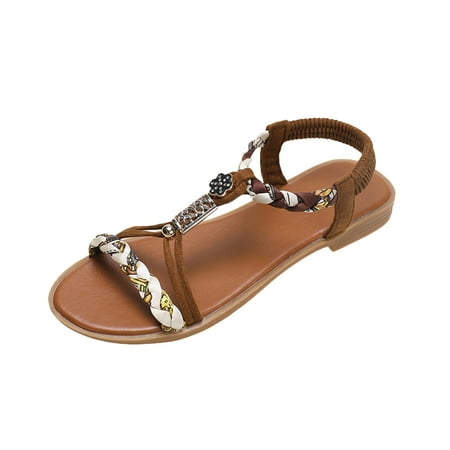 

YanHoo Thong Flat Sandals Casual Beaded Flower Rhinestone T Strap Dress Sandals Adjustable Ankle Buckle Dress Thong Sandals for Women Summer Wedding