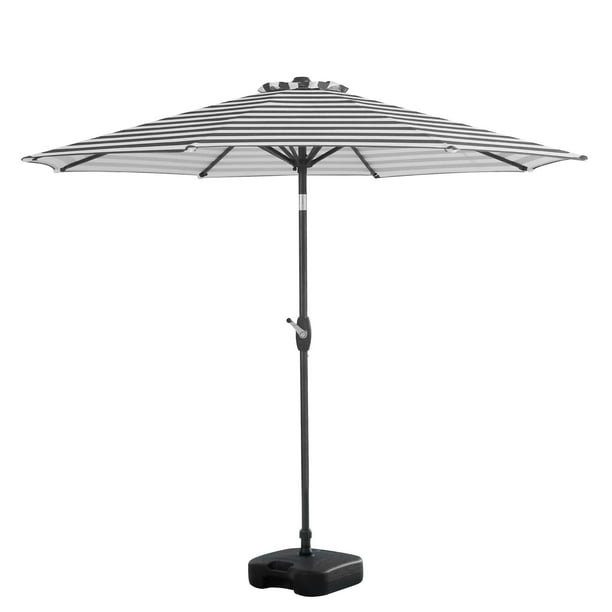 9 Ft Tilt And Crank Patio Table Umbrella With Square Base Gray White Stripe Walmart Com Walmart Com