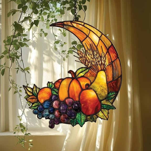 Thanksgiving Cornucopia Acrylic Window Hanging, Fall Harvest Faux Stained Glass Suncatcher, Kitchen Autumn Decor Gift Idea