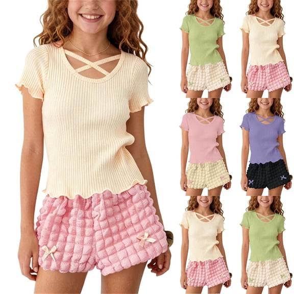 Pretxorve Toddler Girls Short Sleeve Set Solid Ice Silk Crew Neck Top Ruffle Border Pants Casual Outfits 1-10Y