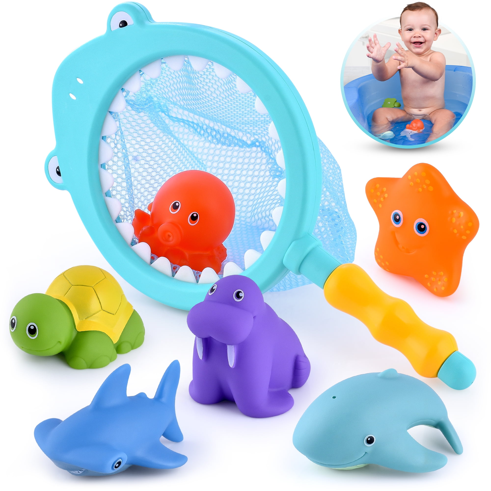 Pack Of 6 Rubber Ducks With Net Bath Time Fun Toys Plays Fishing Toy Random 