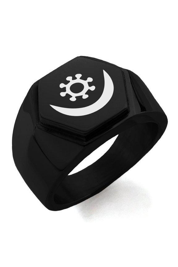 Stainless Steel Aztec Harmony Rune Engraved Hexagon Crest Flat Top Biker Style Polished Ring