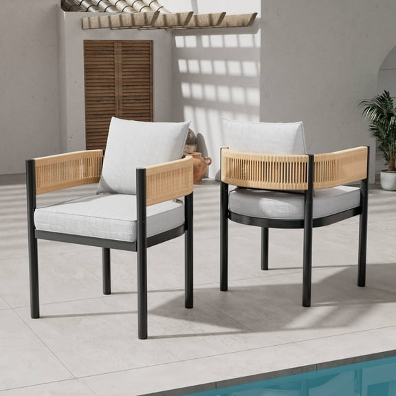 GRANDPATIO Steel Outdoor Dining Side Chairs, Wicker Back - Set of 2, Khaki Wicker & Beige Cushion