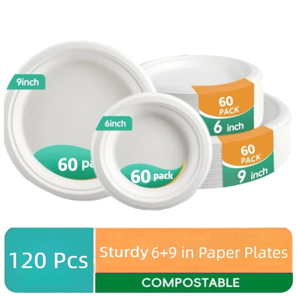 120PCS Compostable Paper Plates,OasisSN Disposable 6 in and 9 in Paper Plates Set,Heavy Duty Paper Plates ,Eco-Friendly Dinner Round Paper Plates for Bbq,Picnic,Party,Breakfast