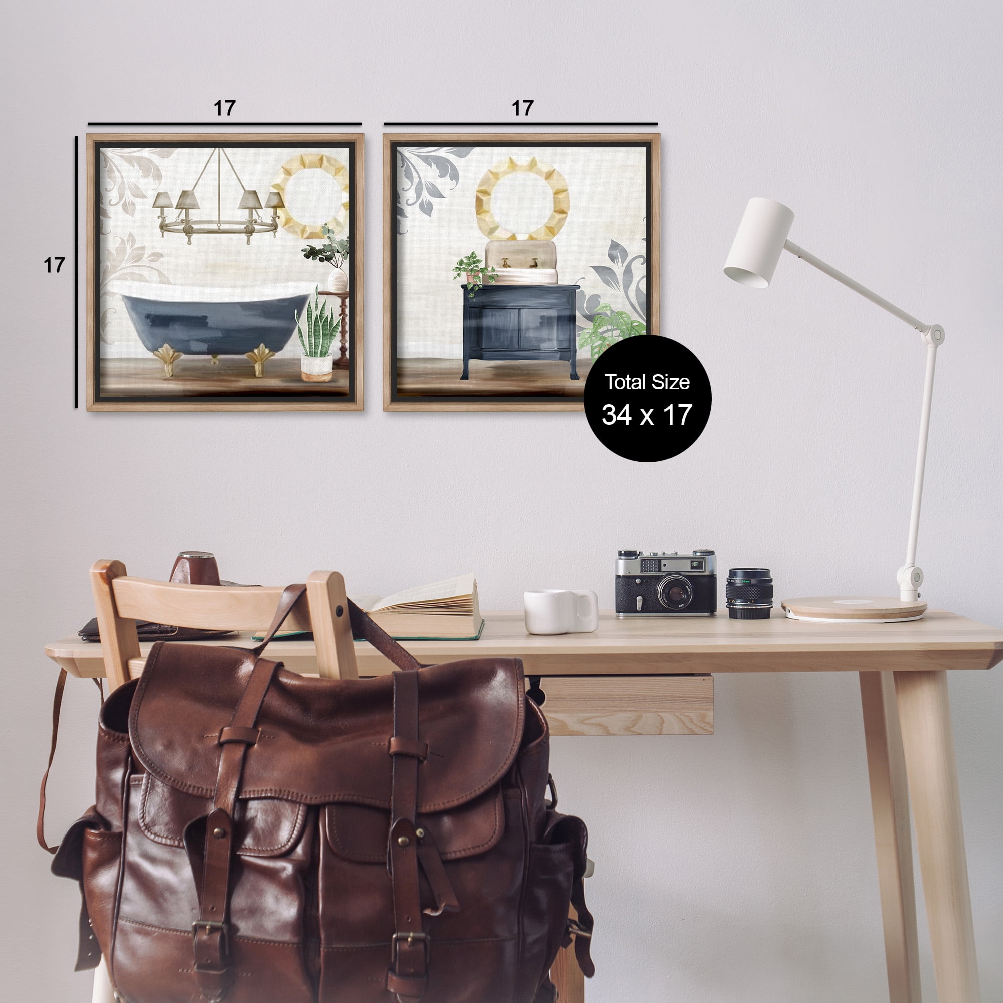 Stupell Industries Chic Bathroom Interior Still Life Abstract Painting Brown Floater Framed Canvas Art Print Wall Art, 18 x 18, Set of 2