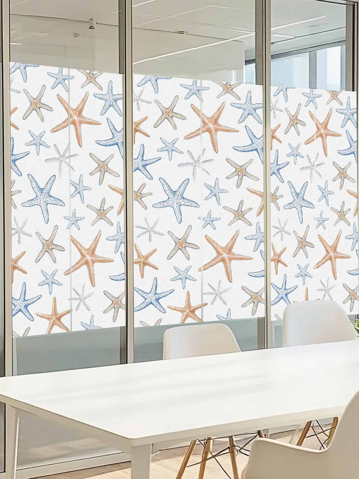 Retro Starfish Window Privacy Film, Watercolor Starfish Frosted Glass Window Clings Static Cling UV Heat Blocking Reusable Door Sticker for Bathroom 23.6 x 59 Inch