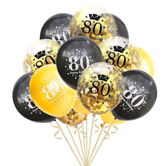 80th birthday party decorations, black gold 80 balloons set, happy 80th birthday theme decor, 12 inch latex balloons 15 pack, yellow