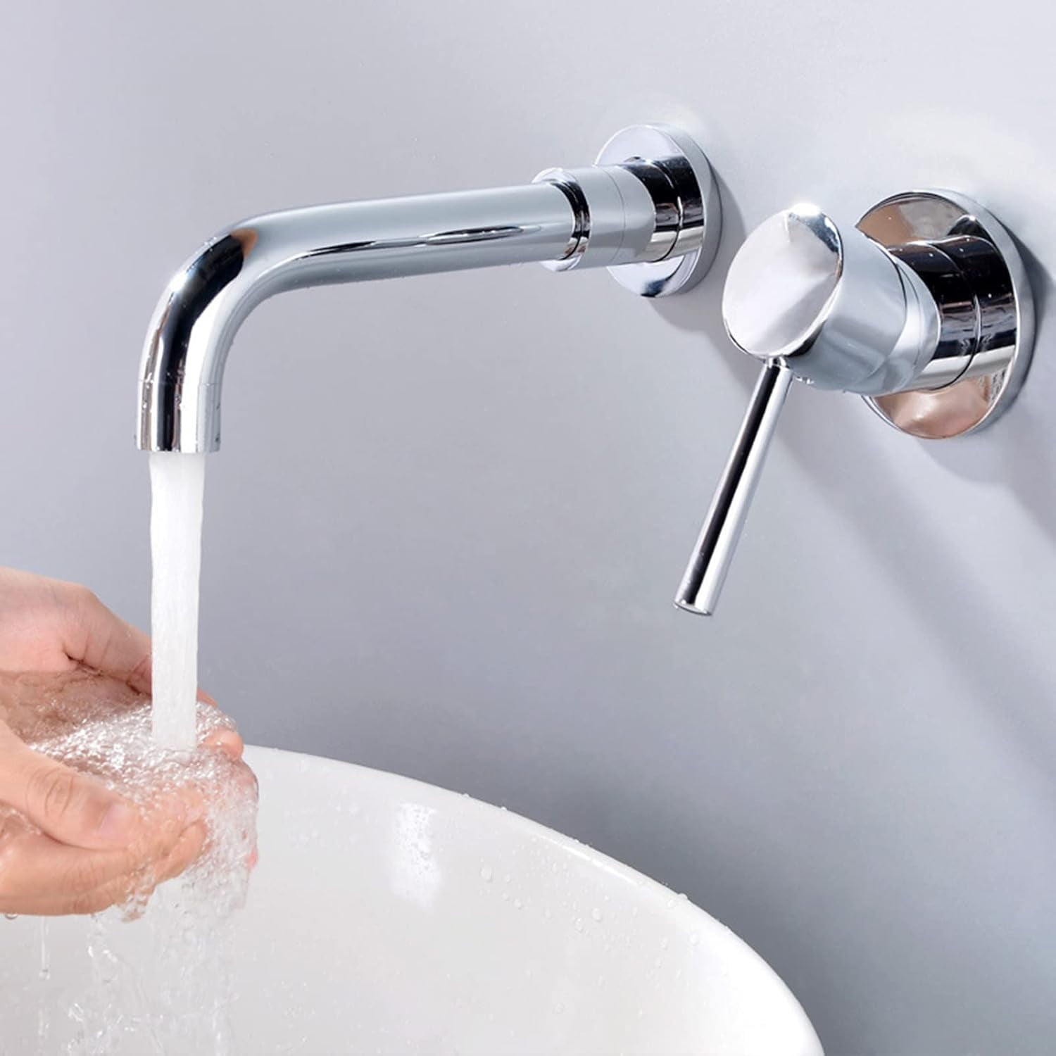 Wall Mount Bathroom Faucet, Single Handle Wall Mounted Bathroom Sink Faucet, Hot and Cold, Basin Mixer Tap Faucet, Chrome Plated, One-Piece