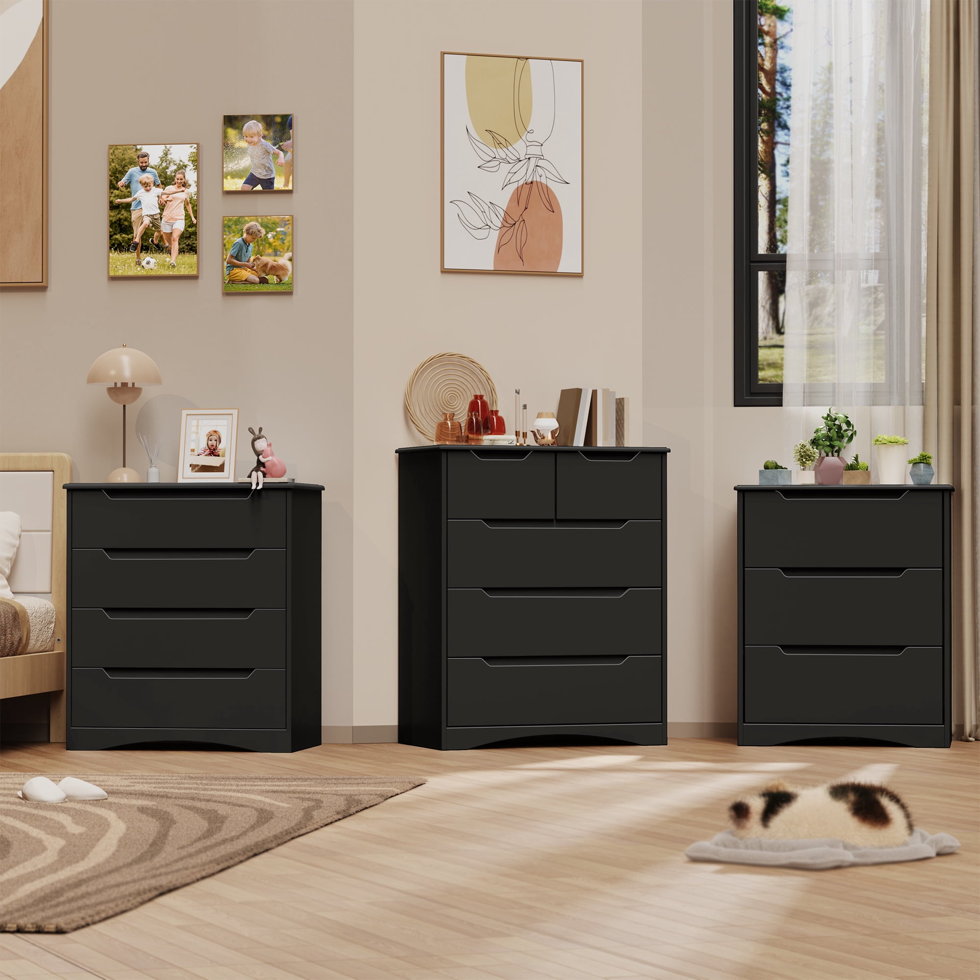 Dresser for Bedroom, Lofka Modern Wood Chest of Drawers with Cutout Handles, Deep Drawers, Smooth Metal Rail, Black