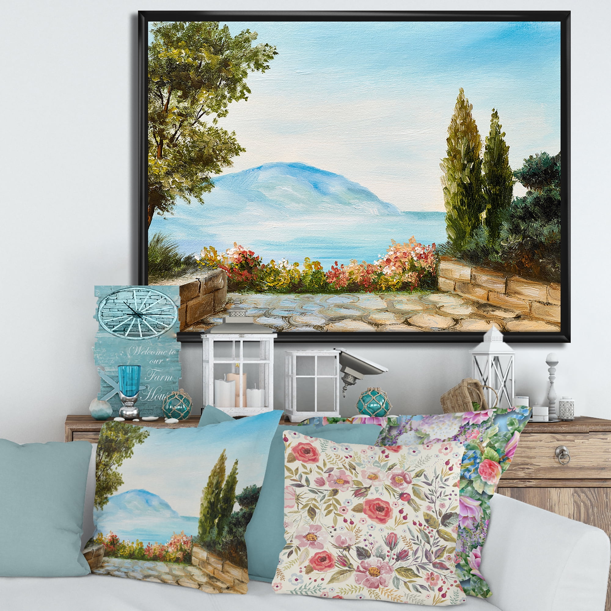Designart 'Beautiful Mountains View By The Sea Side' Nautical & Coastal Framed Canvas Wall Art Print