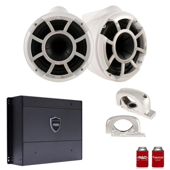 Wet Sounds REV8W-FC 8" White Tower Speakers with Stainless Steel Fixed Clamps & SYN-DX2 750 Watt Amplifier