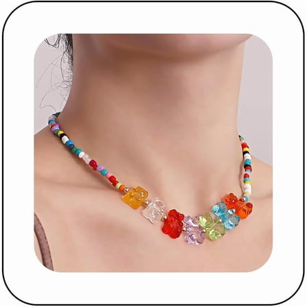 Vintage Gummy Bear Pendant Necklace Rainbow Seed Bead Teddy Bear Choker Necklaces Colorful Acrylic Bear Necklace Chain Rice Bead Necklaces Jewelry for Women