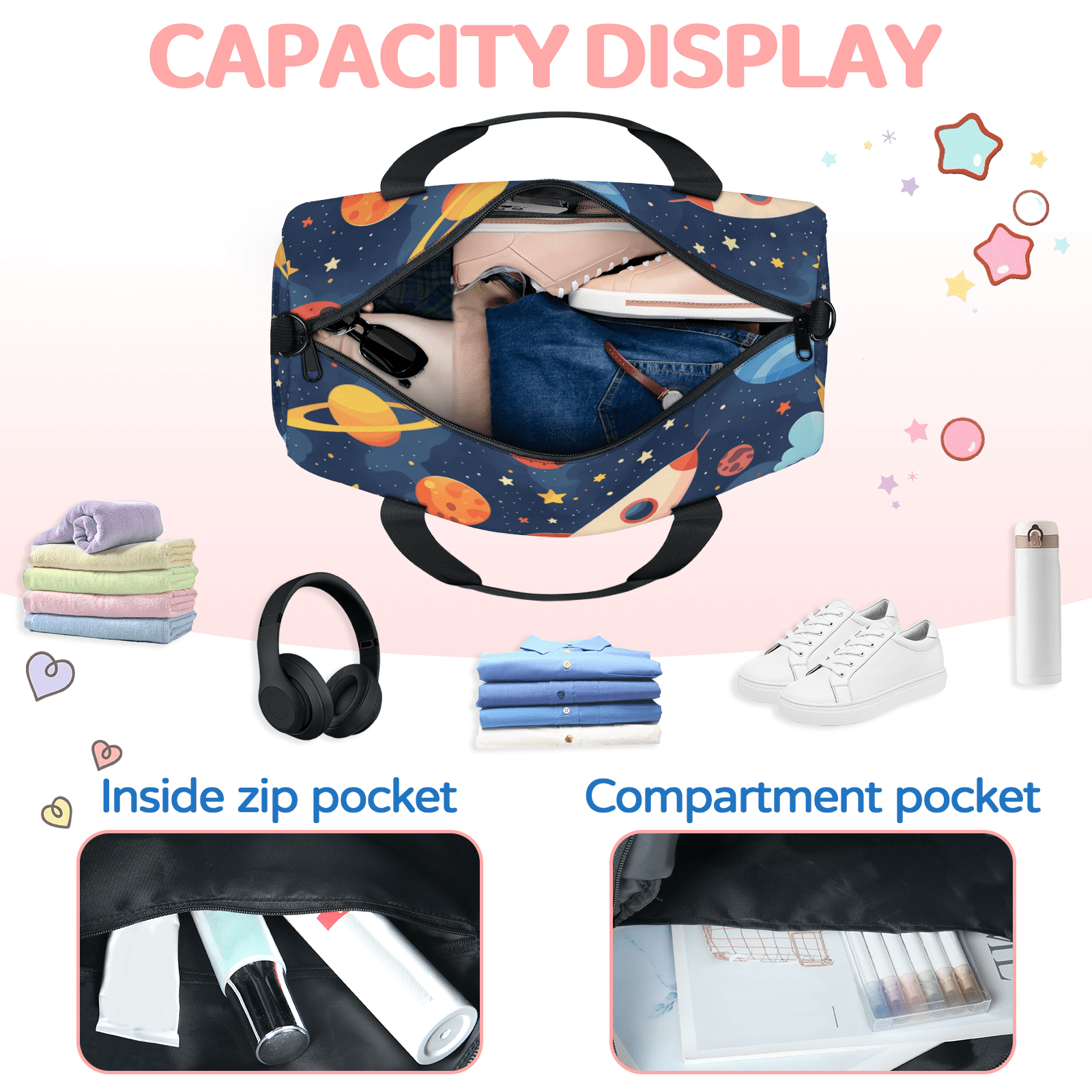 Herdesigns Space Cartoon Planet Travel Duffle Bag Sports Yoga Weekender Overnight Carry on Workout Bags Lightweight Waterproof Gym Tote Bag for Women