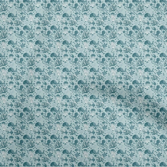 oneOone Polyester Spandex Teal Blue Fabric Ocean Underwater Life Quilting Supplies Print Sewing Fabric By The Yard 56 Inch Wide