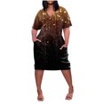 thumbnail image 1 of Robes d'Été pour Femmes Mode Imprimée Col en V Confortable Manches Courtes Longueur Genou avec Poches Grande Taille Robe Or TTTG, 1 of 4