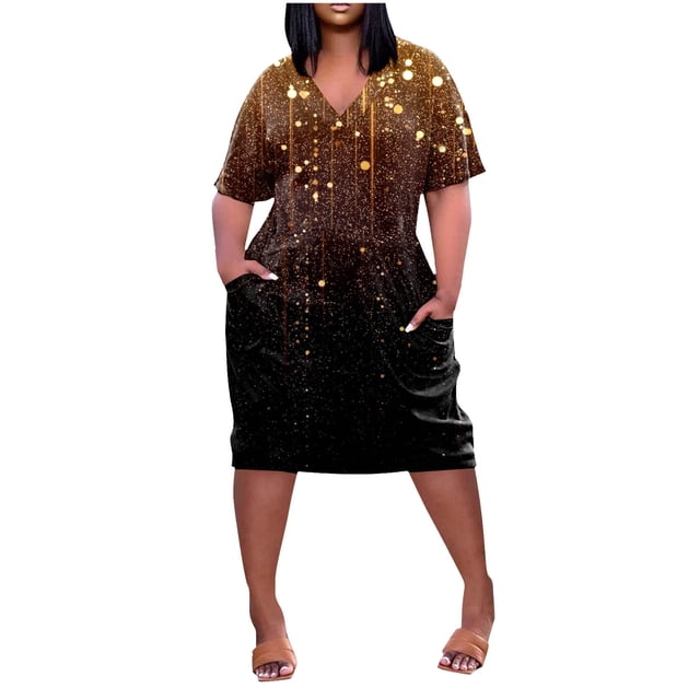 Robes d'Été pour Femmes Mode Imprimée Col en V Confortable Manches Courtes Longueur Genou avec Poches Grande Taille Robe Or TTTG
