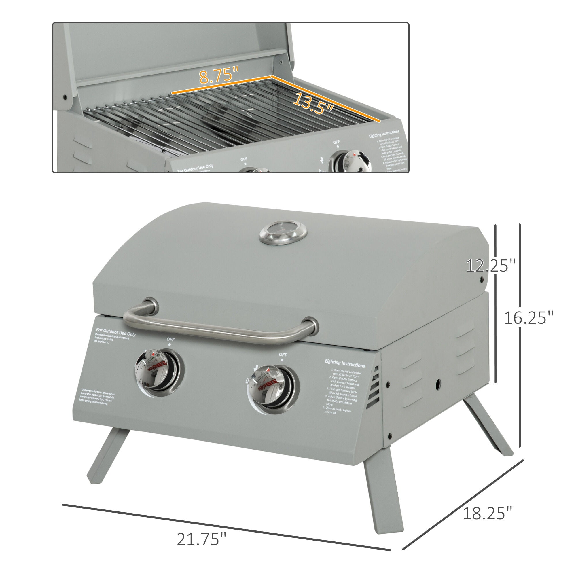 Outdoor Grill, 2 Burner Propane Gas Grill Outdoor Portable Tabletop BBQ with Foldable Legs, Lid, Thermometer for Camping, Picnic, Backyard, Light Grey, Light Grey BBQ Grill,Steel Tabletop Grill
