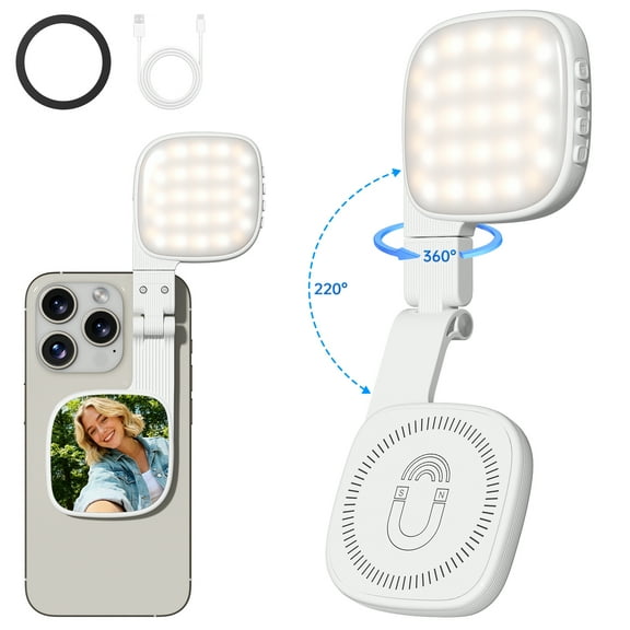Cshidworld Portable Selfie Light with Mirror, 360° Magnetic, 1000mAh Rechargeable, 48 LED, 3 Modes, 10 Brightness, CRI 80, for Phone, Makeup, Live Streaming, White