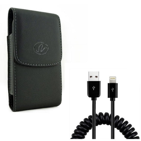 Leather Case Belt Clip w Coiled USB Cable for #model_series - Holster Cover Pouch Vertical Carry and Charger Cord Power Sync Wire