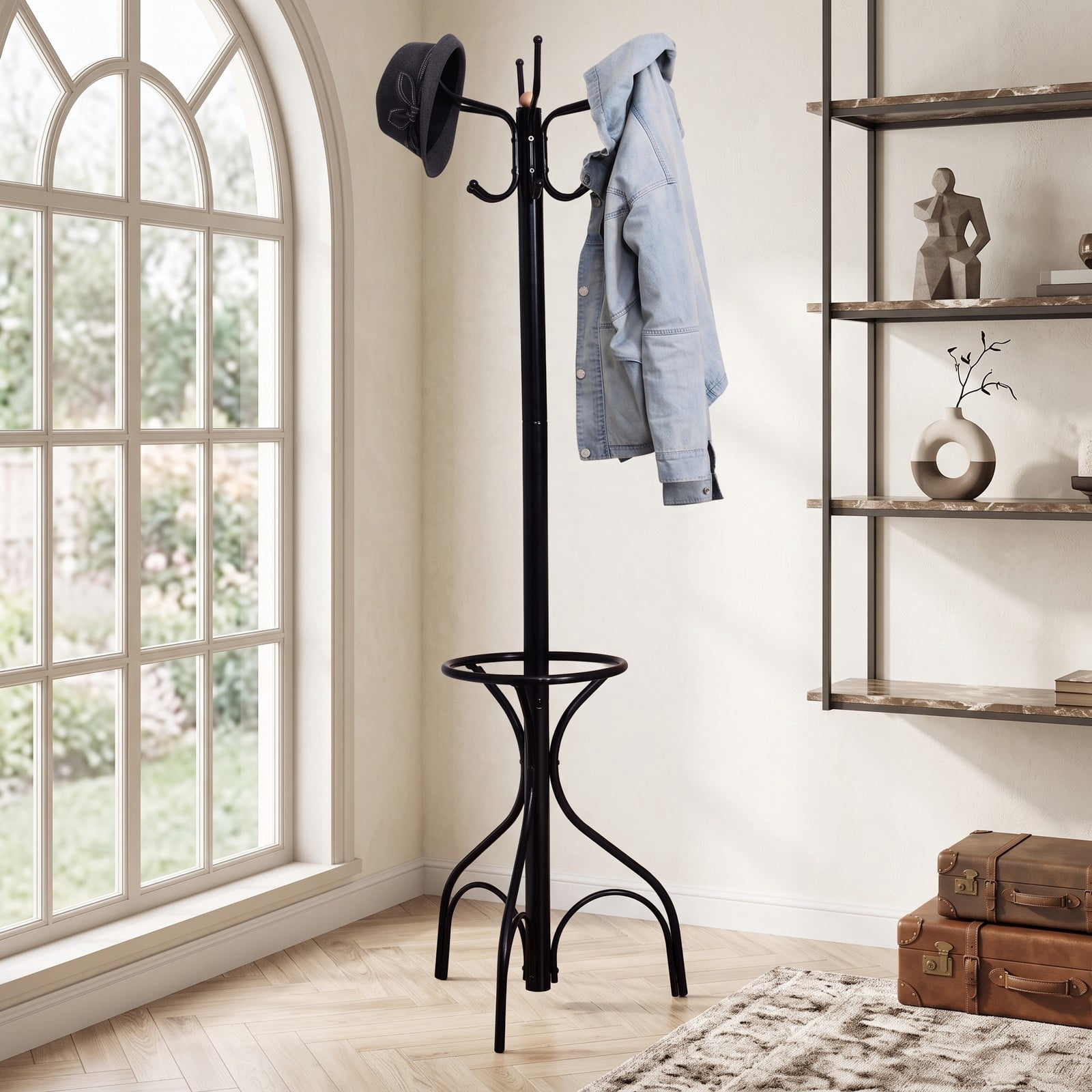 Furnibear Vintage Freestanding Metal Coat and Hat Tree Stand with 12 Hooks and Curved Base for Entryway and Bedroom, Black
