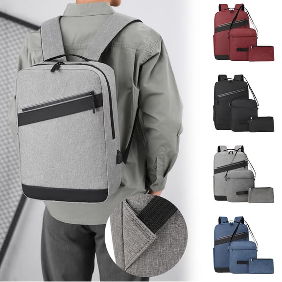 JOGZMZ Men's Business Backpack 3-Piece Set, Spliced Laptop Bag with USB Charging, Large Capacity Waterproof Office Backpack