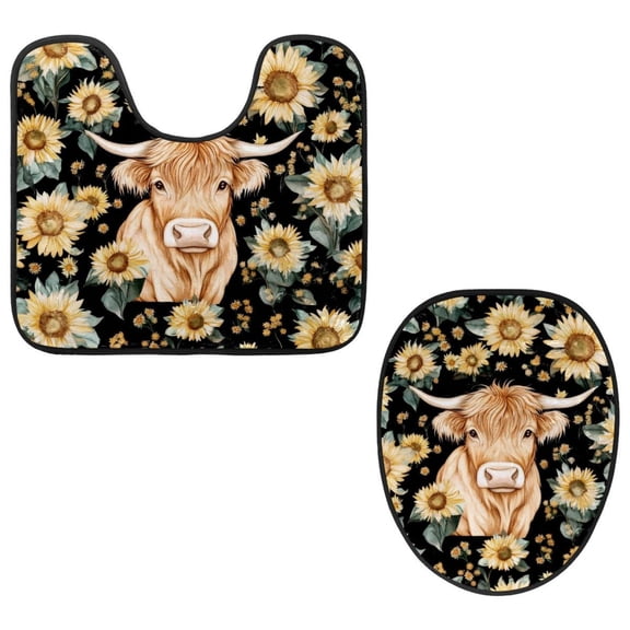 PhooArto Toilet Lid Cover and U-Shaped Toilet Floor Mat Set of 2 Pieces, Cow Sunflowers Patterns Toilet Mat Set, Machine Washable Seat Covers Non-Slip Absorbent Rugs