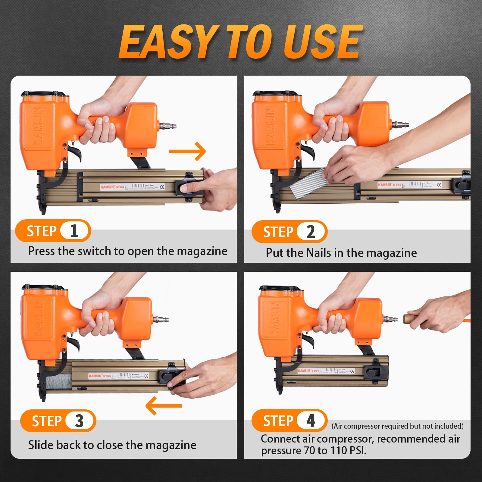 KAMSIN ST64 14 GA Heavy Duty Pneumatic Concrete T Nail Gun, 1'' to 2-1/2'' inch T Nails, Air Power Tool