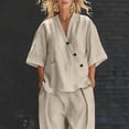 thumbnail image 6 of YABCSAZ Women's Cotton Linen 2 Piece Outfit V-Neck Top and Wide Leg Pants Set Casual Summer Matching Suit Lightweight Breathable Loose Fit Two Piece for Daily Wear Beige, Gifts for Women, 6 of 8