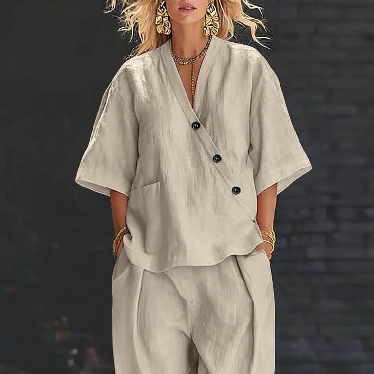 Women's Linen 2 Piece Outfits Cotton Gauze Japanese Kimono Shirt