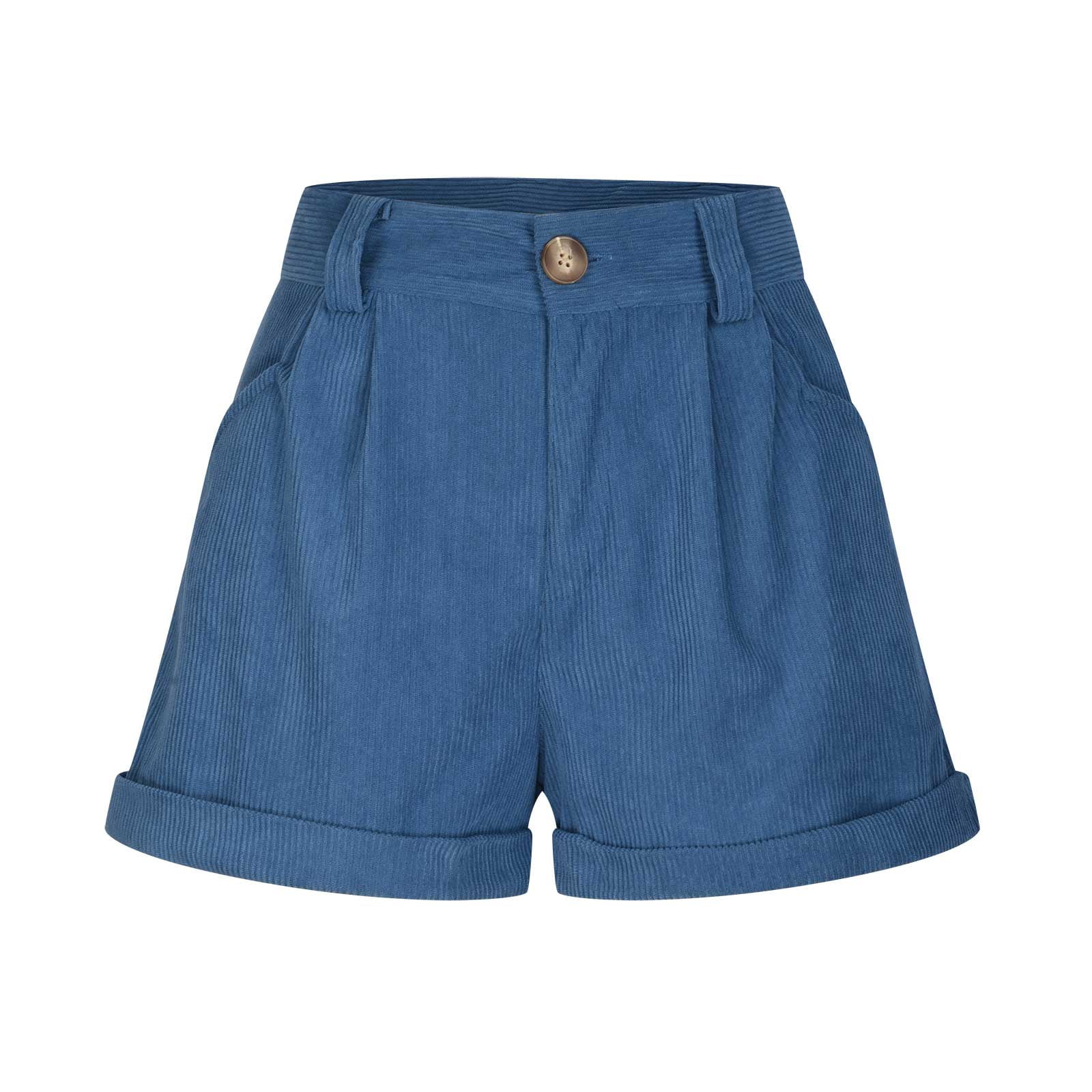 RQYYD Reduced Womens Summer Shorts Mid-Waist Cuffed Hem Corduroy Shorts  Casual Solid Wide Leg Short Pants with Pockets Khaki S 