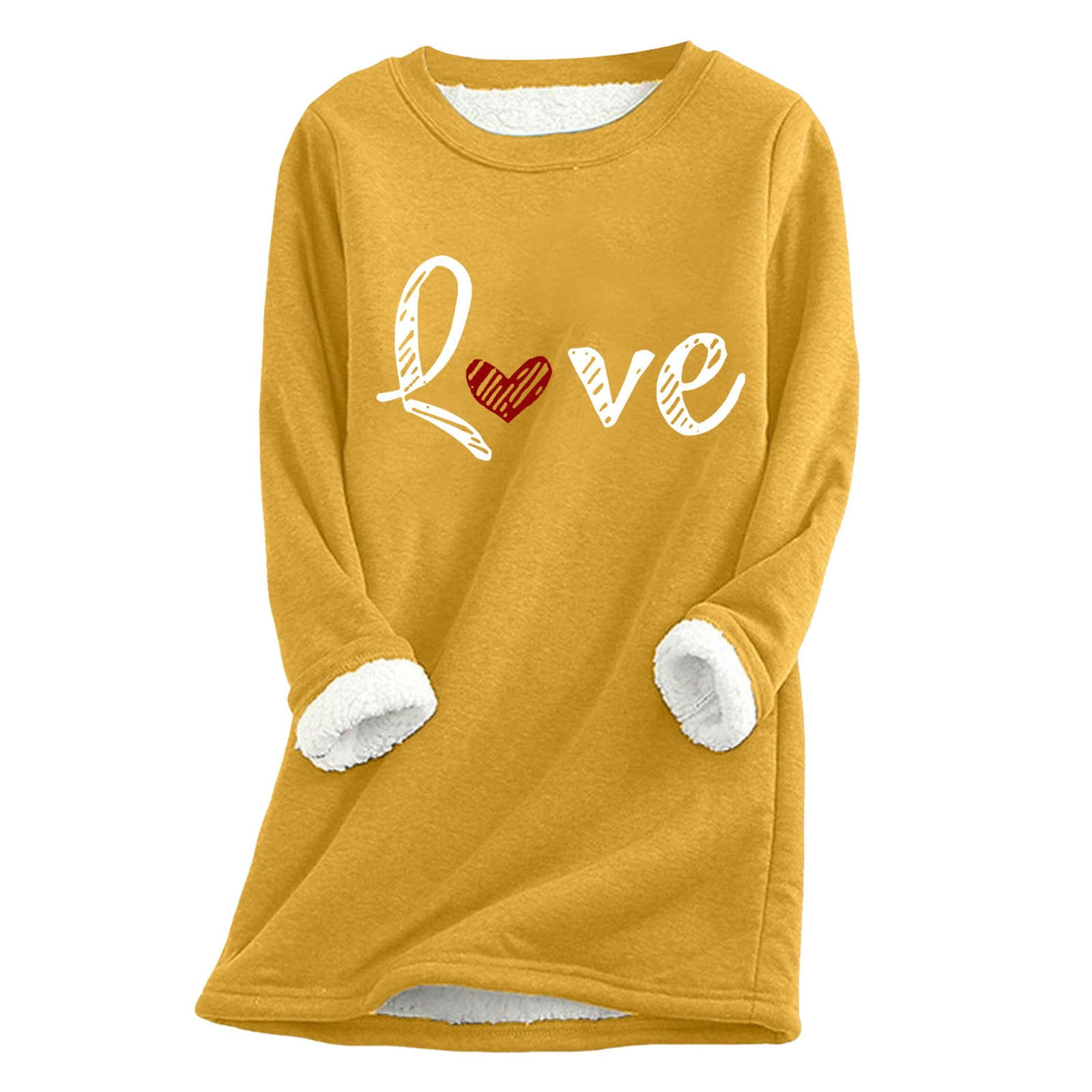 zaveiop Womens Love Print Sherpa Lined Sweatshirt Warm Winter Crewneck Long Sleeve Thick Fleece Pullover Loose Casual Thermal Tunic Tops (Z3-Yellow M)