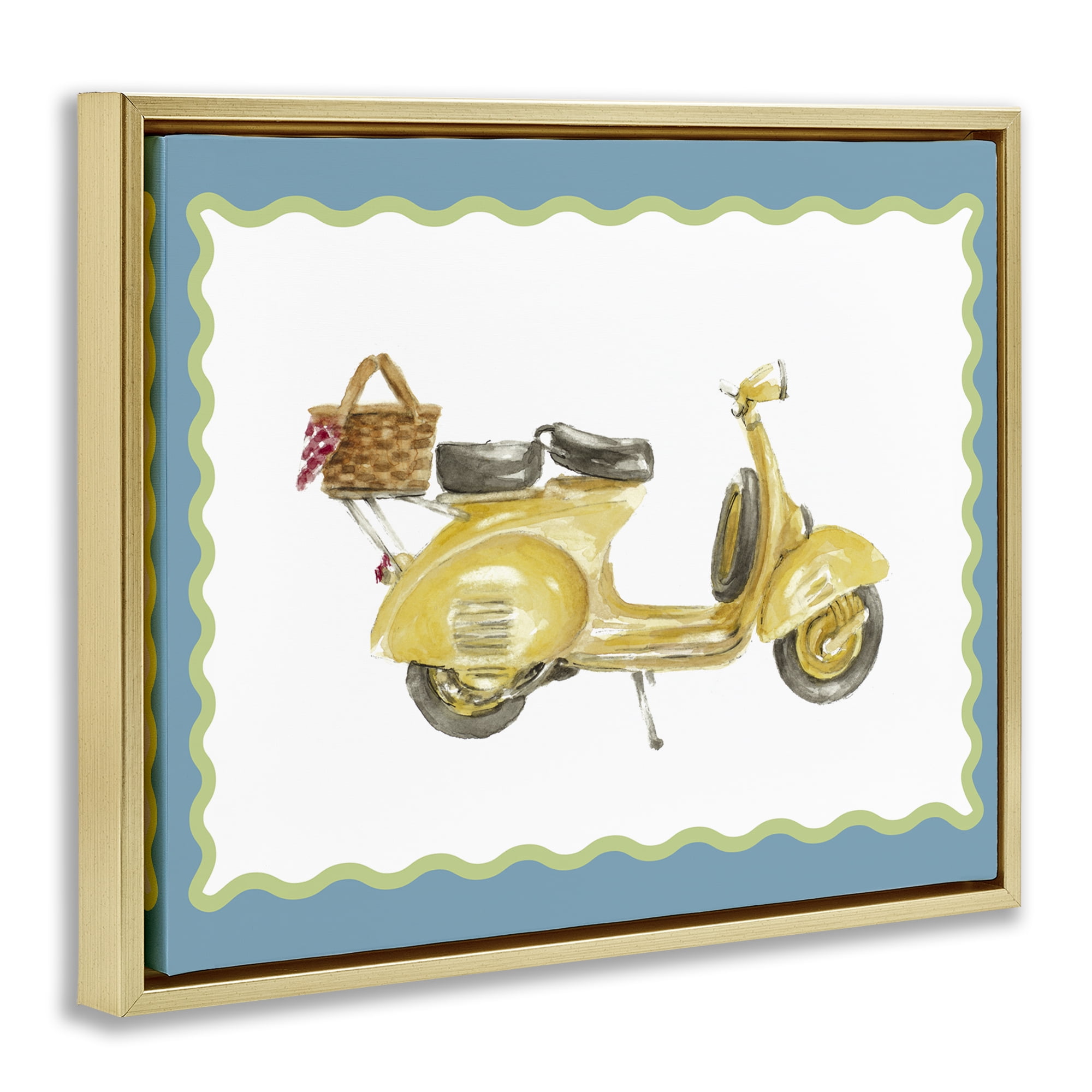 Stupell Industries Yellow Vespa with Wavy Border Gold Framed Floater Canvas Wall Art, design by Lanie Loreth