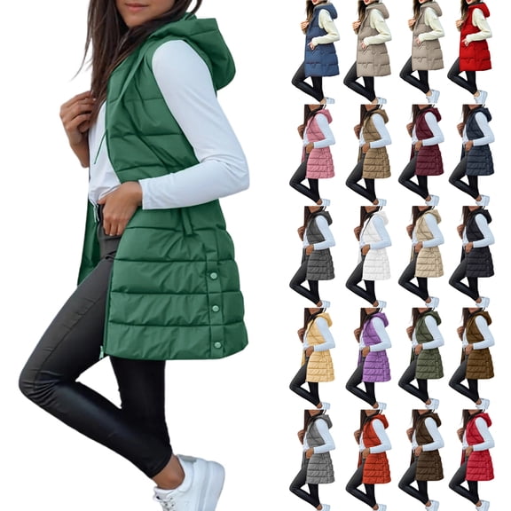 Long Puffer Vest Women Sleeveless Full Zip Up Puffy Jackets Quilted Padded Fall Coats Winter Outerwear White L