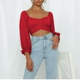 thumbnail image 5 of Pure Color Word Collar Umbilical Ultra Long Sleeve Strap Top Top Fashion Square Collar T Shirt, 5 of 9